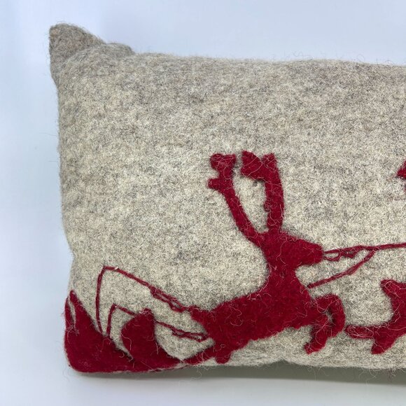 handmade wool felt rectangular pillow with red sleigh and reindeer design - Picture 2 of 5